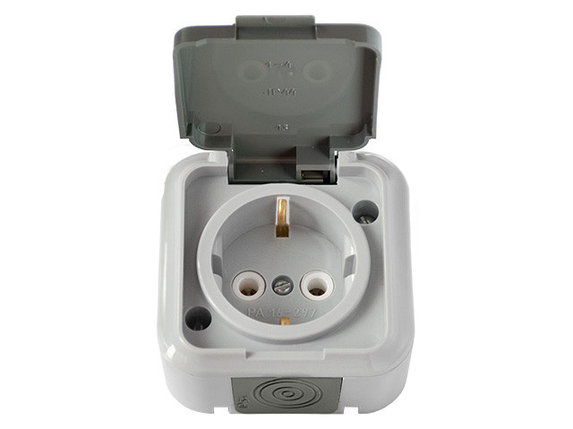 Розетка 1-ая (открытая, с/з, брызг. защ.) серая, Пралеска Аква, Bylectrica, фото 1