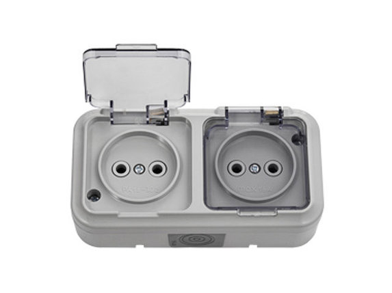 Розетка 2-ая (открытая, б/з, брызг. защ.) серая, Пралеска Аква, Bylectrica, фото 1