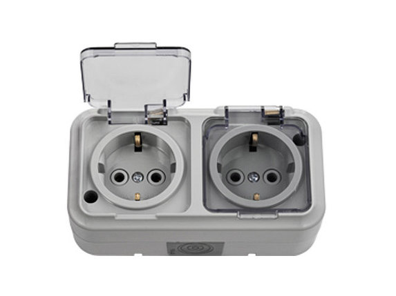 Розетка 2-ая (открытая, с/з, брызг. защ.) серая, Пралеска Аква, Bylectrica, фото 1