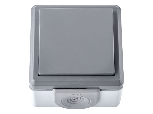 Выключатель 1 клав. (открытый, 10А, струезащ.) серый, Пралеска Аква, BYLECTRICA