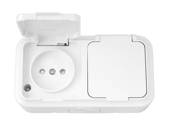 Розетка 2-ая (открытая, б/з, з/ш, брызг. защ.) белая, Пралеска Аква, BYLECTRICA, фото 1