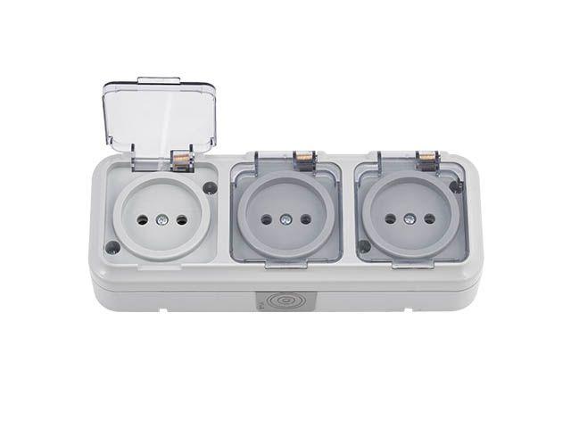 Розетка 3-ая (открытая, б/з, брызг. защ.) серая, Пралеска Аква, Bylectrica