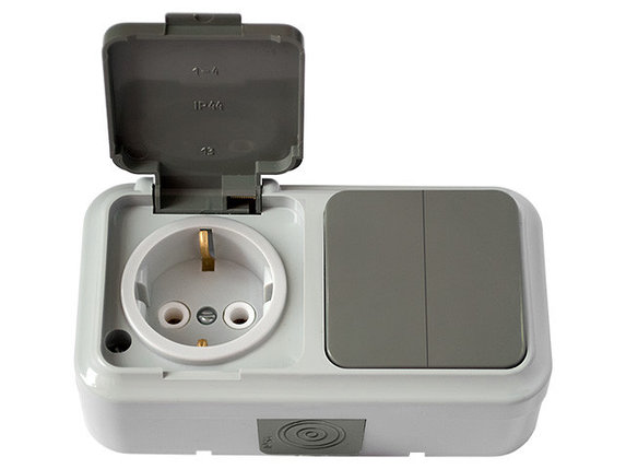 Блок выкл. 2 клав. + розетка (открытая, с/з, брызг. защ.) серая, Пралеска Аква, Bylectrica, фото 1