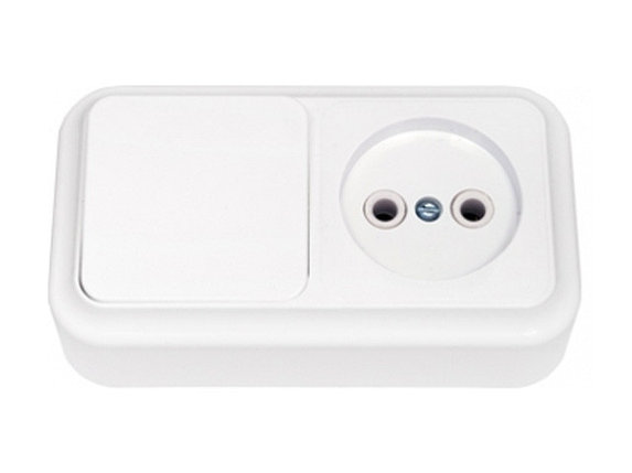 Блок выкл. 1 клав. + розетка (открытая, б/з) белая, Пралеска, BYLECTRICA, фото 1