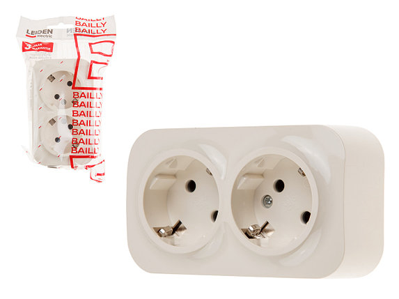 Розетка 2-ая (открытая, с/з) бежевая, Bailly, LEIDEN ELECTRIC, фото 1