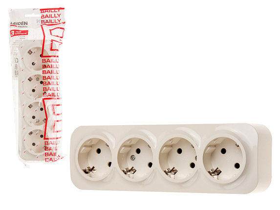 Розетка 4-ая (открытая, с/з) бежевая, Bailly, LEIDEN ELECTRIC, фото 1