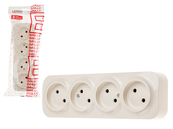 Розетка 4-ая (открытая, б/з) бежевая, Bailly, LEIDEN ELECTRIC, фото 1