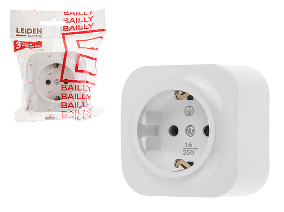 Розетка 1-ая (открытая, с/з) белая, Bailly, LEIDEN ELECTRIC, фото 1