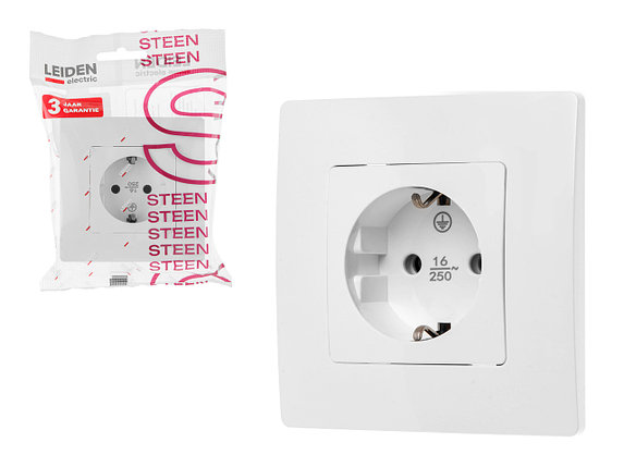 Розетка 1-ая (скрытая, с/з) белая, Steen, LEIDEN ELECTRIC, фото 1