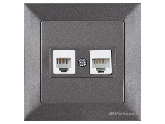 Розетка телефонная + компьютерная (RJ12+Cat5e, скрытая) дымчатая, DARIA, MUTLUSAN