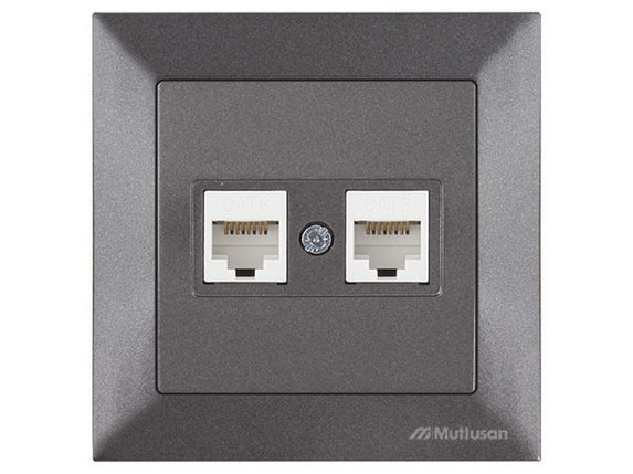 Розетка компьютерная 2xRJ45 (Cat6, скрытая) дымчатая, DARIA, MUTLUSAN, фото 1