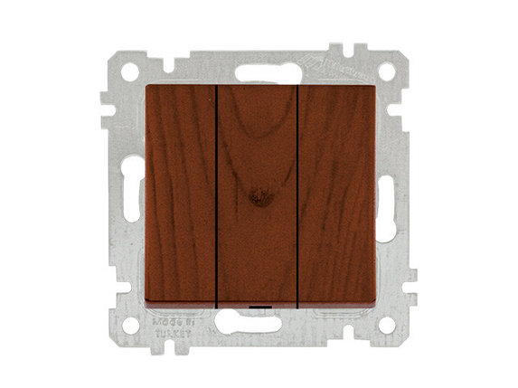 Выключатель 3-клав. (скрытый, без рамки, пруж. зажим) орех, RITA, MUTLUSAN, фото 1