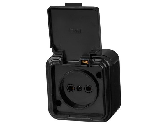 Розетка 1-ая (открытая, б/з, брызг. защ.) черная, Стандарт, Юпитер, фото 1