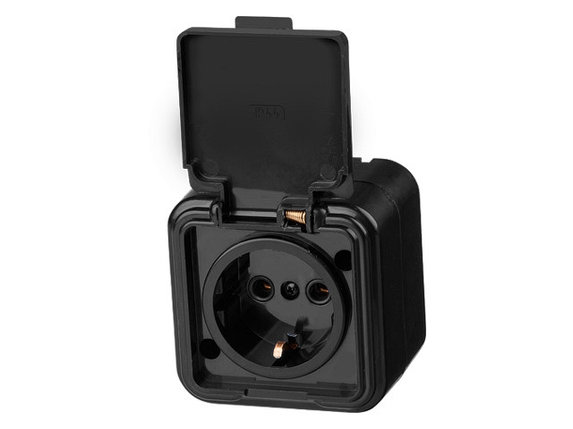 Розетка 1-ая (открытая, с/з, брызг. защ.) черная, Стандарт, Юпитер, фото 1