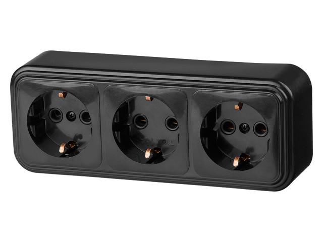 Розетка 3-ая (открытая, с/з) черная, Стандарт, Юпитер