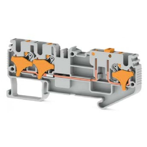 Клеммник пруж.быстрозажимной (Push in) 3-х выводной, с размыкателем, 2,5 мм.кв., (серый); PRD 2,5EA, фото 1
