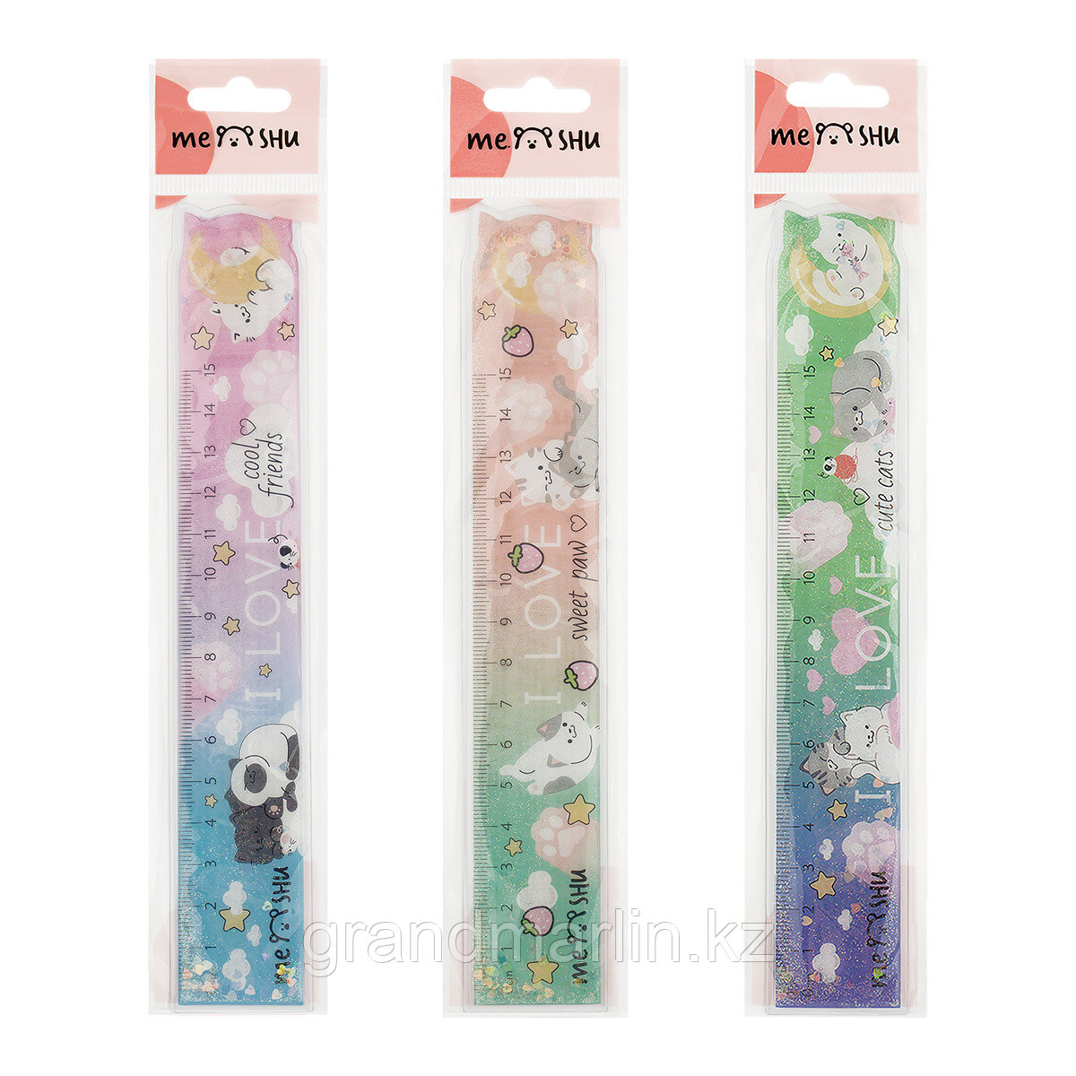 Линейка 15см MESHU "Cute Cats" ПВХ с блестками, ассорти, европодвес, фото 1