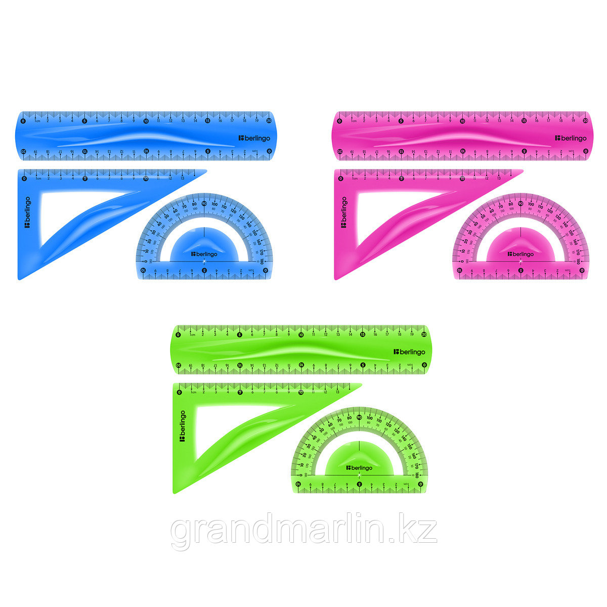 Набор чертежный средний Berlingo "Flexy" (треуг.14см, линейка 20см, трансп.) гибкий, ассорти, европ., фото 1
