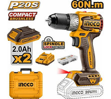 INGCO Дрель-шуруповерт аккумуляторная безударная Li-Ion INDUSTRIAL 20W 2Ач 2шт /60Нм/22+1