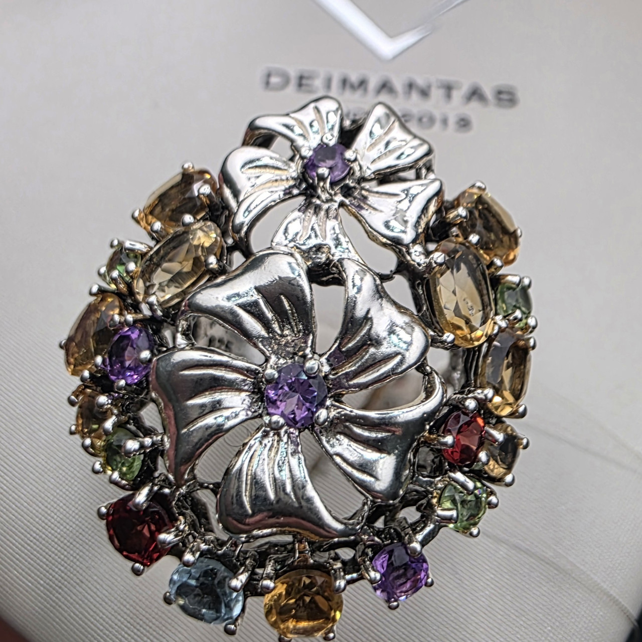 Кольцо серебро 925пр 8,5г,  цитрин, аметист, топаз, хризолит, гранат размер 18, фото 1