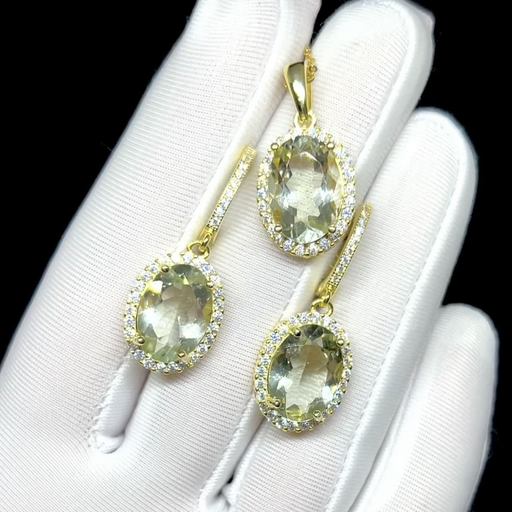 Комплект с натуральными Зелеными Аметистами 14 мм, фото 1