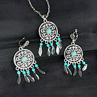 Серьги с подвеской этнические набор 2 в 1 голубыми стразами