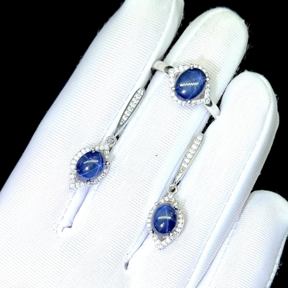 Комплект с натуральными звездчатыми Сапфирами, фото 1