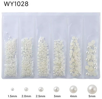 Декор для ногтей жемчуг набор, 6 размеров молочный (1000шт)