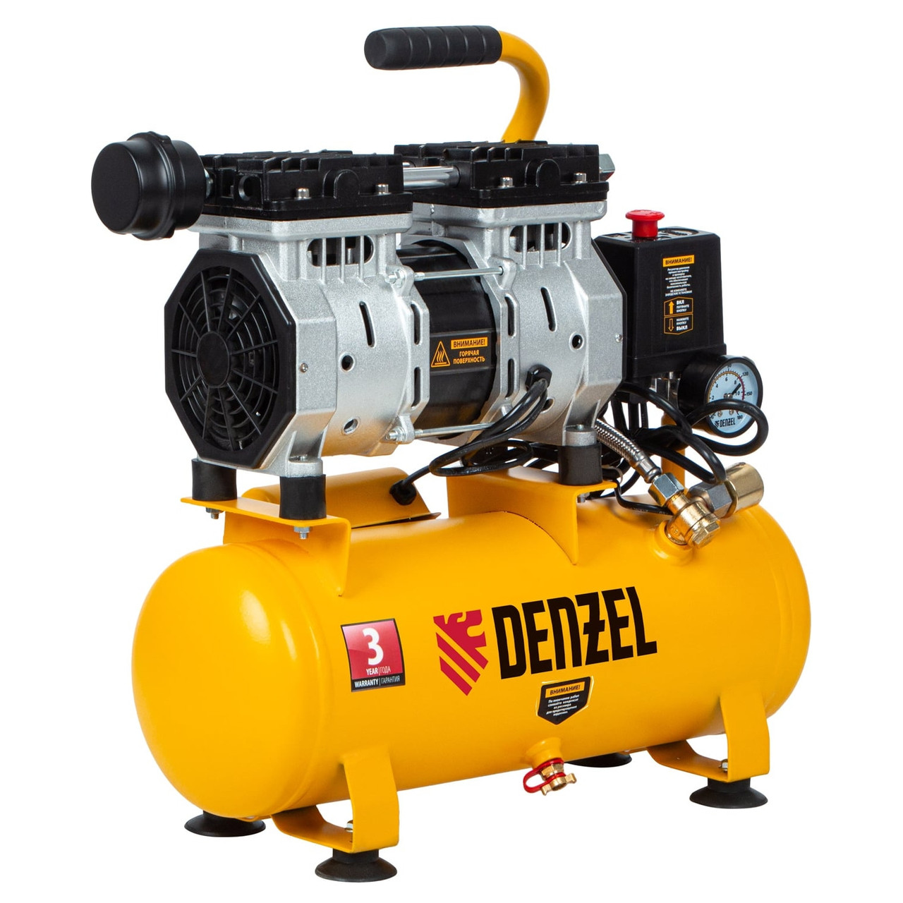 Компрессор Denzel DLS650/10 безмасляный малошумный 650Вт 120 л/мин ресивер 10л 58021