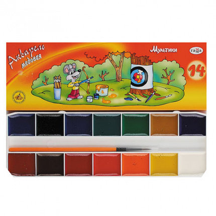 Краски акварельные ГАММА "Мультики", 14 цветов, медовые, с кистью, картонная коробка., фото 2