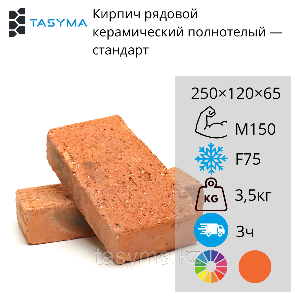 Кирпич рядовой керамический полнотелый — М150 F75, стандарт, фото 1