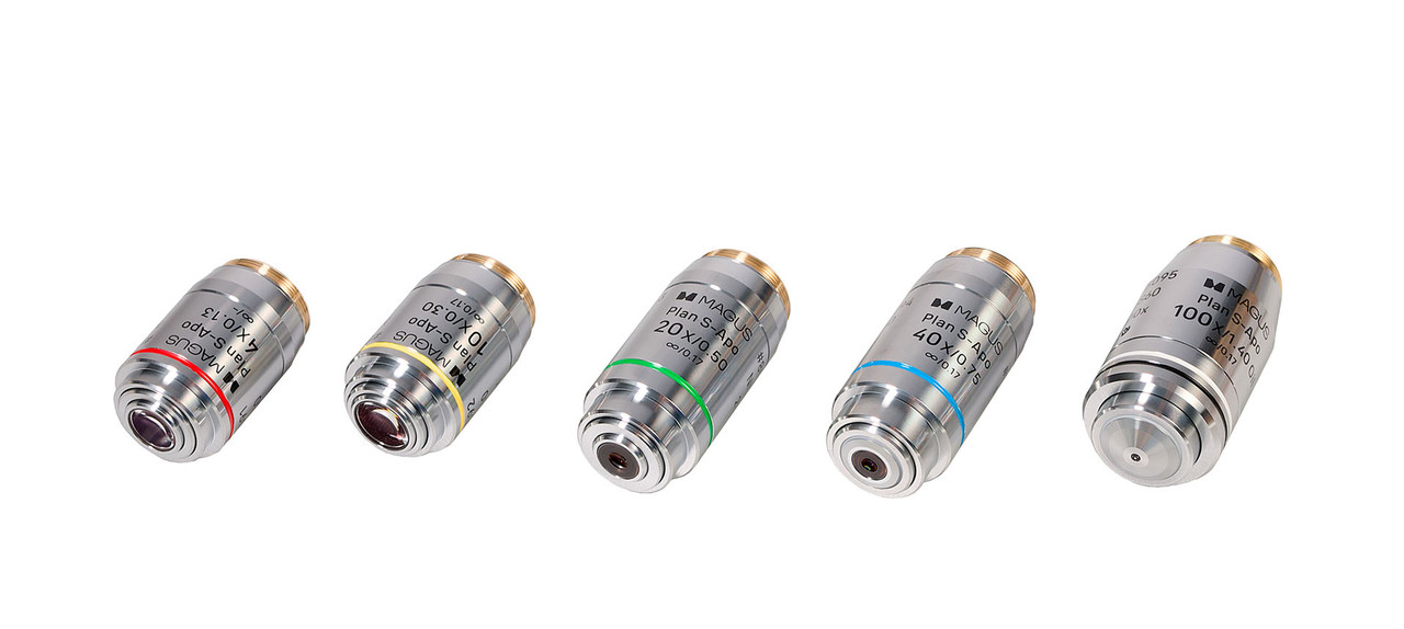Набор объективов люминесцентных MAGUS FL S-APO60 PlanF S-Apo 4х/10х/20х/40х/100х ми ∞/0,17 H60 мм, фото 1