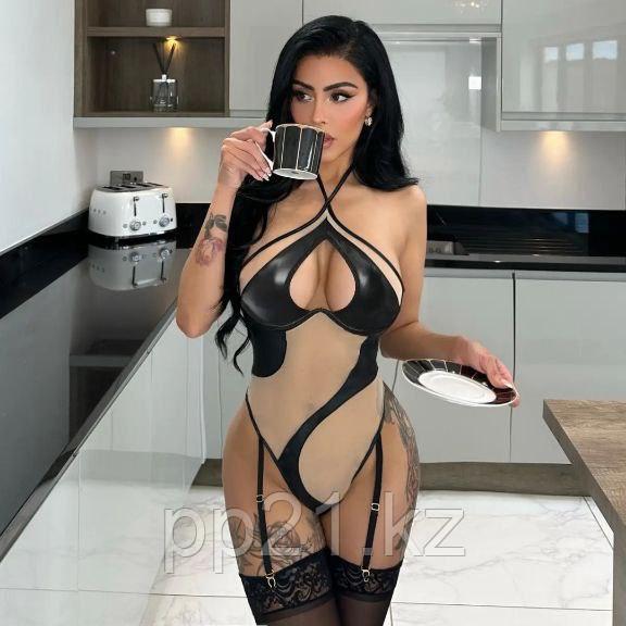 Боди телесная сетка + латекс с подвязками, фото 1