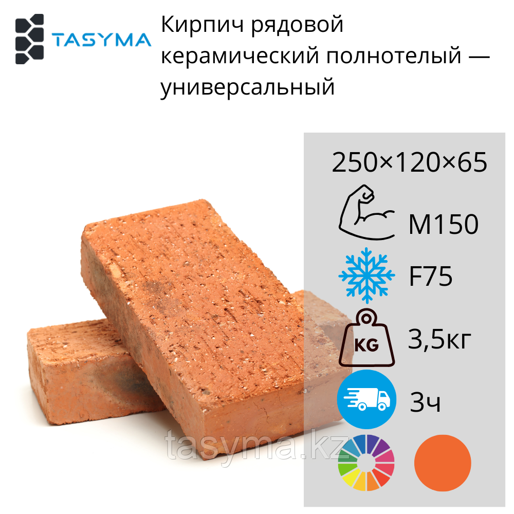 Кирпич рядовой керамический полнотелый — M150 F75, универсальный, фото 1