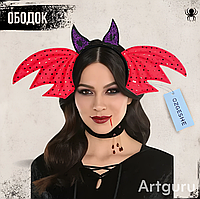Ободок для праздника Halloween OZGESHE c ушками 25х20см Демон красный