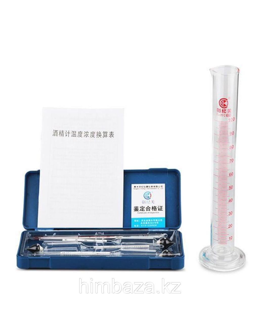 Набор спиртометров 0–100% с термометром и пластиковым цилиндром в пластиковом кейсе, фото 1