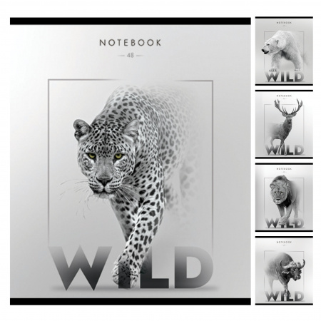 Тетрадь общая Дикий зверь, 48л, скрепка, клетка (матовая ламинация, выборочный рельефный лак)