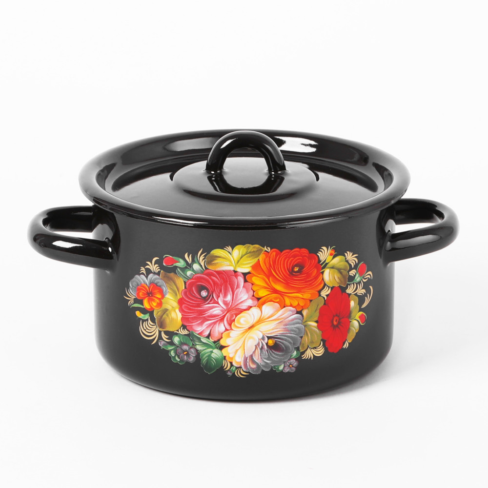 Кастрюля эмалированная 7 л, Стальэмаль 1с18с, Жостово, черный, фото 1