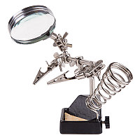 Держатель Третья рука, 2 зажима, лупа 60мм (2.5х), подставка паяльника, ниша, губка, чугун REXANT