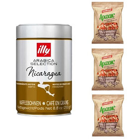 Кофе в зернах и три пачки жареного арахиса