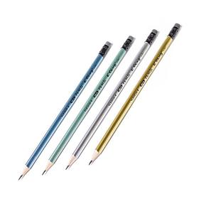 Простой карандаш HB, дерево, с ластиком, трехгранный, заточенный, ассорти, металлик