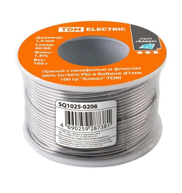 Припой с канифолью и флюсом, Ø1 мм, 100 г. "Алмаз" TDM, фото 1