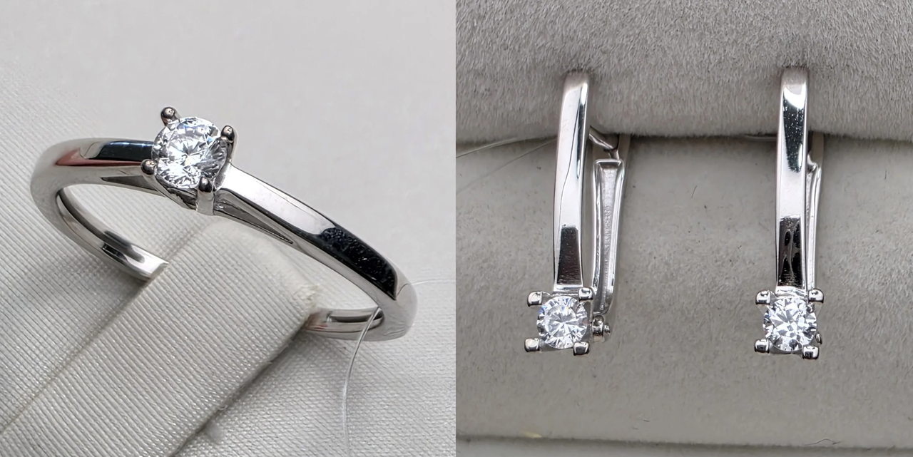 Золотой набор, 585 проба,( кольцо бриллиант б/з 0,12Ct VS1/H VG-Cut 1,61 г, 16.5 размер, серьги 0,217Ct VS2/I VG-Cut 2,28 гр,), фото 1