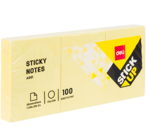 Клейкие листки DELI "Stick Up", 51х38 мм, 3 блока х 100 л, желтые