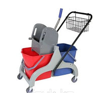 Тележка уборочная с отжимом двухведёрная по 25 литр с металлической корзиной для чистящих средств