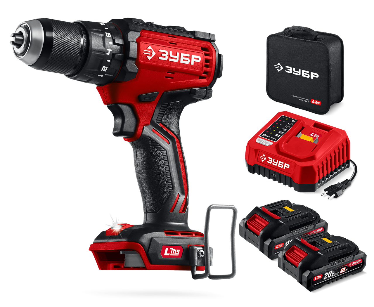 ЗУБР 20 В, 65 Н·м, 2 АКБ LMS (2 А·ч), бесщеточная ударная дрель-шуруповерт, сумка (ДБУ-65-22), фото 1