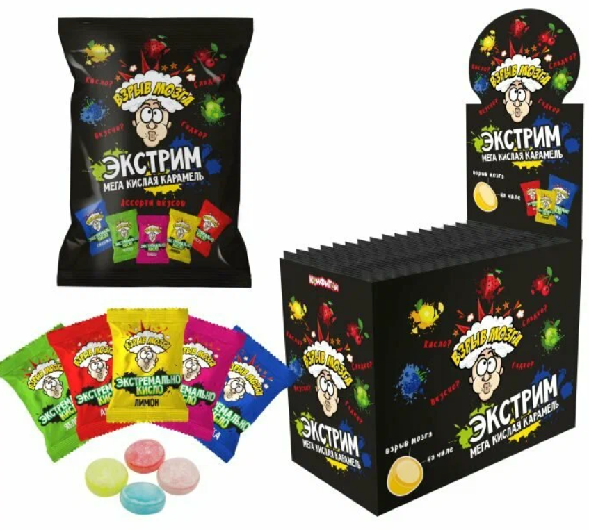 Карамель "ВЗРЫВ МОЗГА" ЭКСТРИМ мега кислая 56 гр   / 12 шт-упак