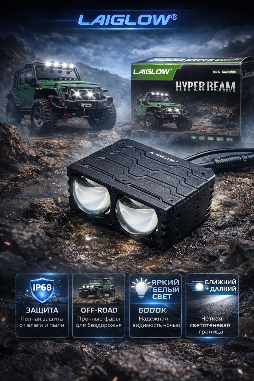 Ff-Road прожектор Laiglow Hyper Beam — ближний + дальний свет, IP68, фото 1