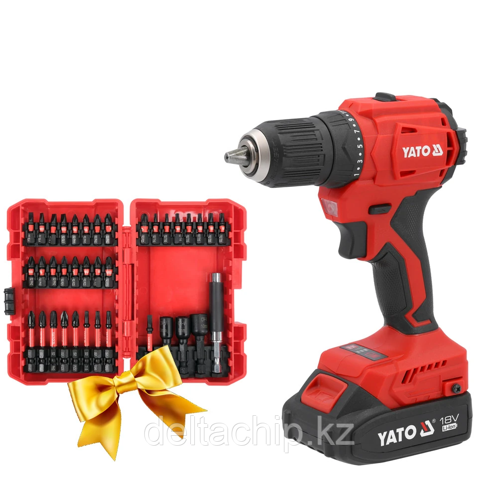 YT-827788 18 В, 45 Н·м: бесщёточный мотор, два диапазона оборотов (0‑500 / 0‑1450 мин) + набор бит