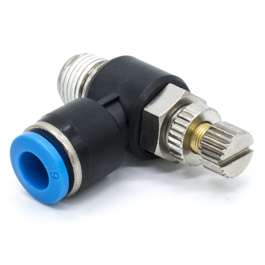 Фитинг пневматический угловой с дросселем, наружная резьба WAALPC SC06-01, 1/8", фото 1